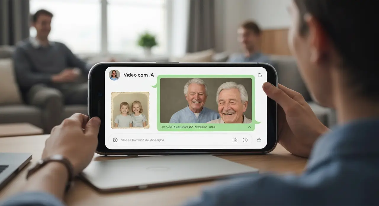 Tela de celular mostrando o WhatsApp, com uma foto de família antiga sendo transformada em vídeo animado com IA, destacando a simplicidade de dar vida a retratos de família