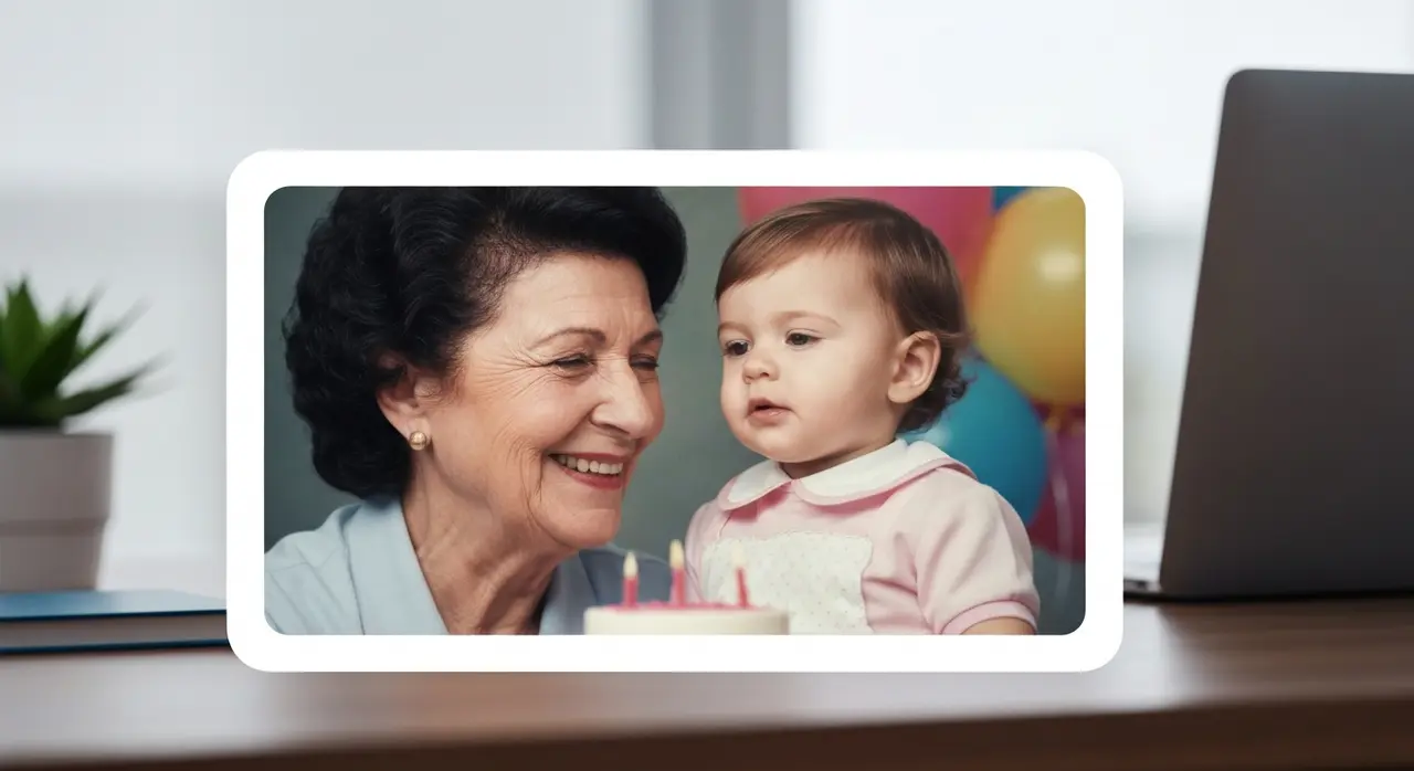 Retrato de família antigo restaurado e colorido, com a avó e o neto sutilmente animados por IA, mostrando expressões faciais naturais em uma foto de infância.