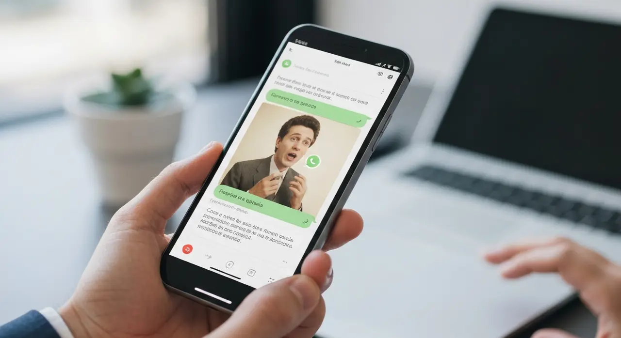 Celular mostrando uma foto com áudio em português sendo compartilhada no WhatsApp