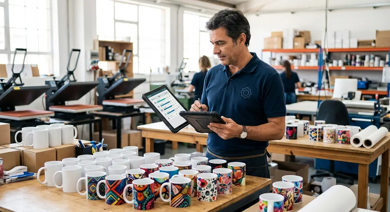 Factory manager using an AI dashboard to control custom products print queue