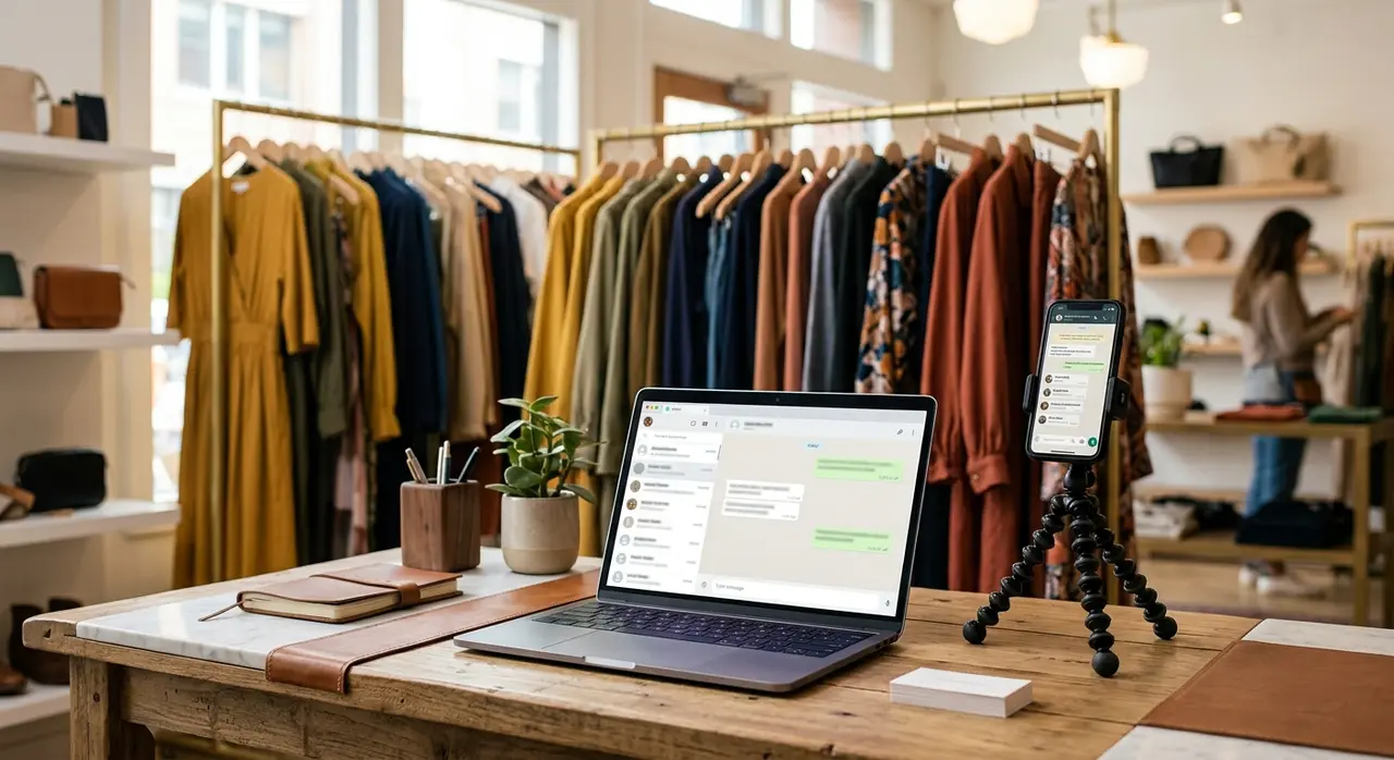 Vendedora usando o WhatsApp Business Web para atender clientes em uma loja de roupas.