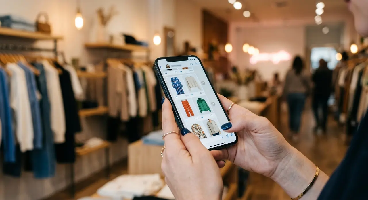 Catálogo de roupas e coleções de moda visualizado na tela do celular pelo WhatsApp.