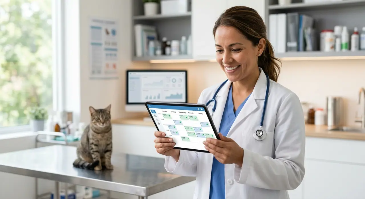 Veterinarian holding a smartphone managing clinic schedules through Vetsoft and WhatsApp automation