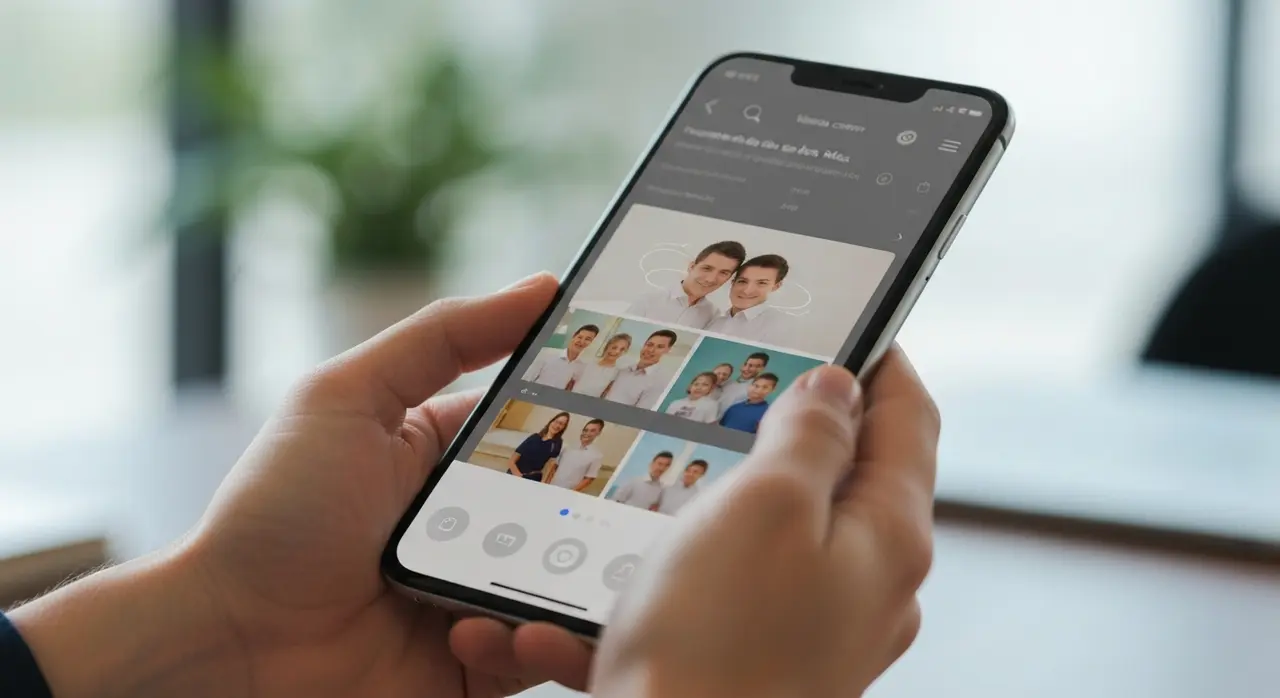 Tela de celular mostrando um vídeo emocionante com fotos de família, um presente criativo de Dia das Mães