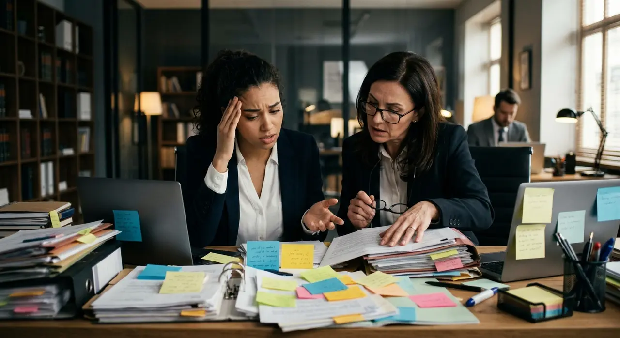Estagiário e advogado frustrados com o retrabalho manual e papéis desorganizados no escritório de advocacia.