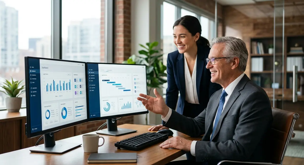 Advogado e equipe trabalhando com automação jurídica e dados centralizados em uma tela moderna, sem retrabalho.