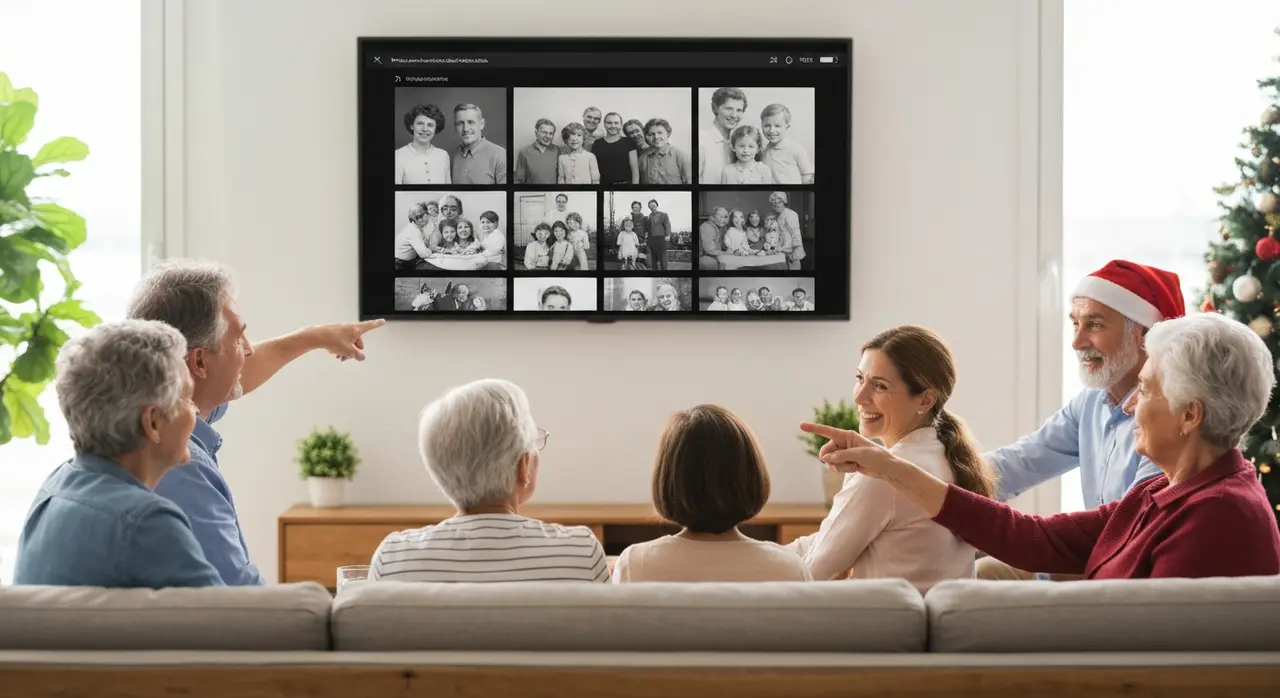 Família reunida no Natal assistindo a uma montagem de fotos de família em vídeo na TV