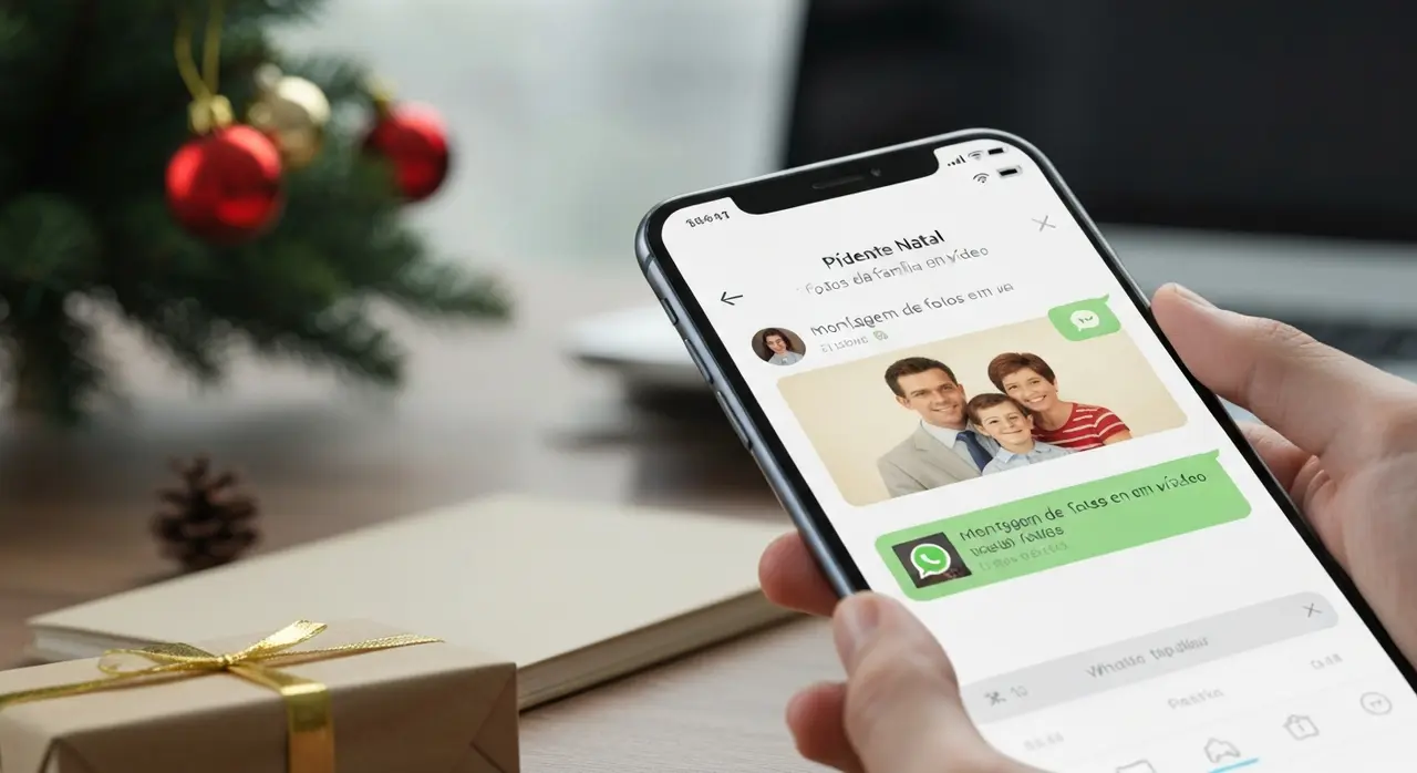 Celular mostrando a interface do WhatsApp com fotos de família sendo transformadas em vídeo com IA