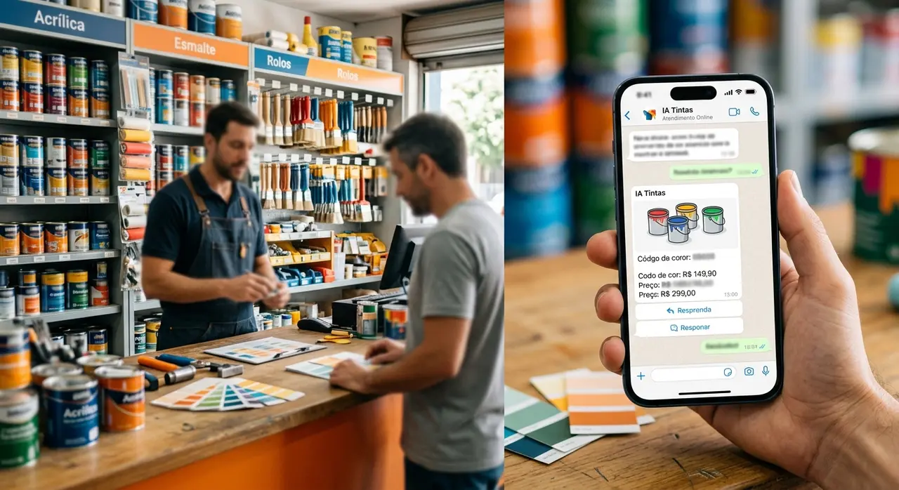 Store manager checking a botpress whatsapp flow on a tablet in a paint store