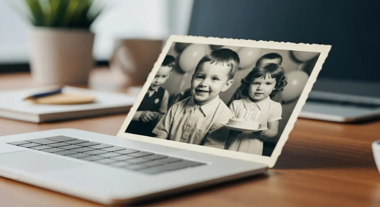 Foto antiga de infância, restaurada e colorida, que ganhou vida em um vídeo emocionante, ideal para um presente de aniversário