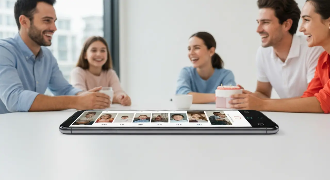 Vídeo de retrospectiva de fotos, de criança a adulto, feito com IA e exibido em um smartphone, mostrando um presente de aniversário inesquecível
