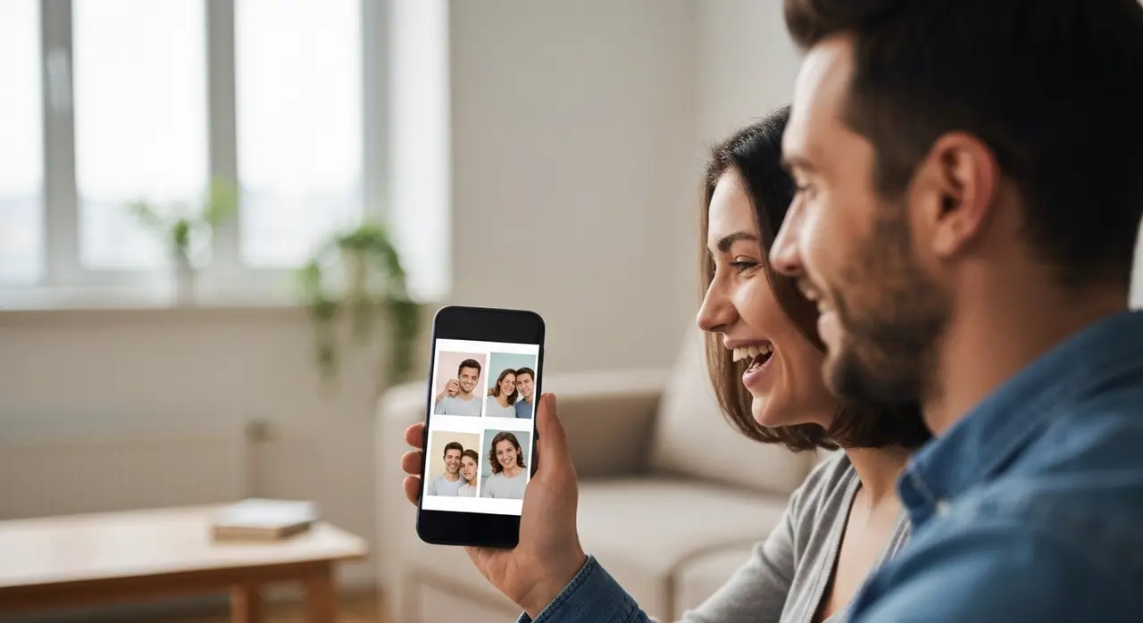 Casal assistindo a um vídeo com fotos animadas da sua história, um presente de Dia dos Namorados emocionante e personalizado.