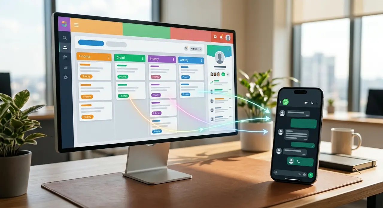 Painel de CRM integrado ao WhatsApp mostrando o funil de vendas e sequências automáticas.