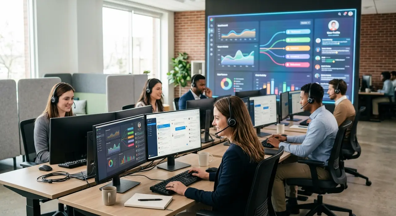 Equipe de vendas utilizando um sistema de multiatendimento WhatsApp em uma empresa.