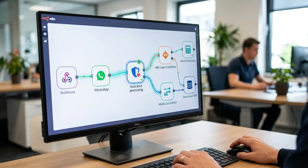 Diagrama visual que explica qué es n8n conectando WhatsApp, un sistema multicálculo y un CRM.