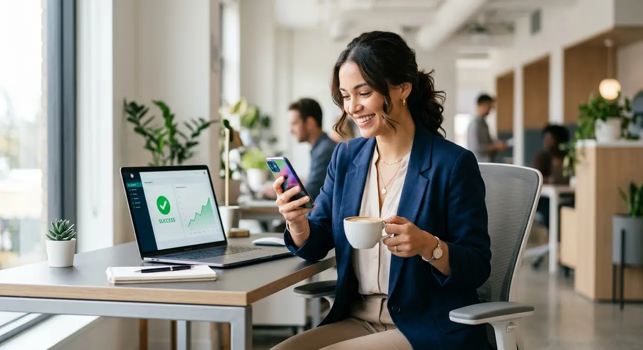 Profesional feliz al implementar la mejora continua y automatización en su sistema de atención al cliente.