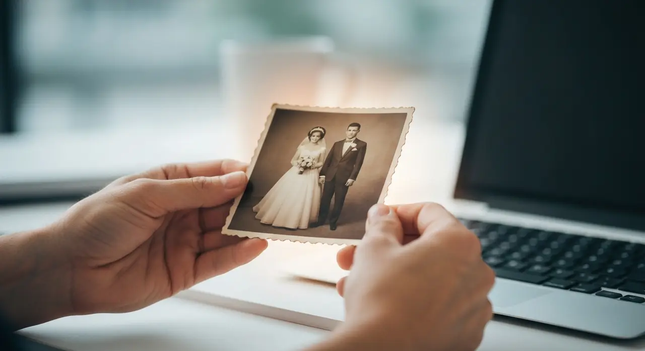 Mãos segurando uma foto antiga de casamento, em sépia, com um brilho suave, simbolizando a restauração de memórias para uma homenagem de casamento.