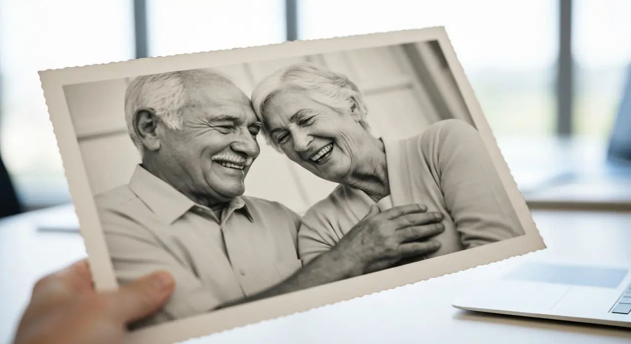 Foto antiga preto e branco de um casal sorrindo, sendo segurada delicadamente, simbolizando a homenagem para a missa de 7º dia.