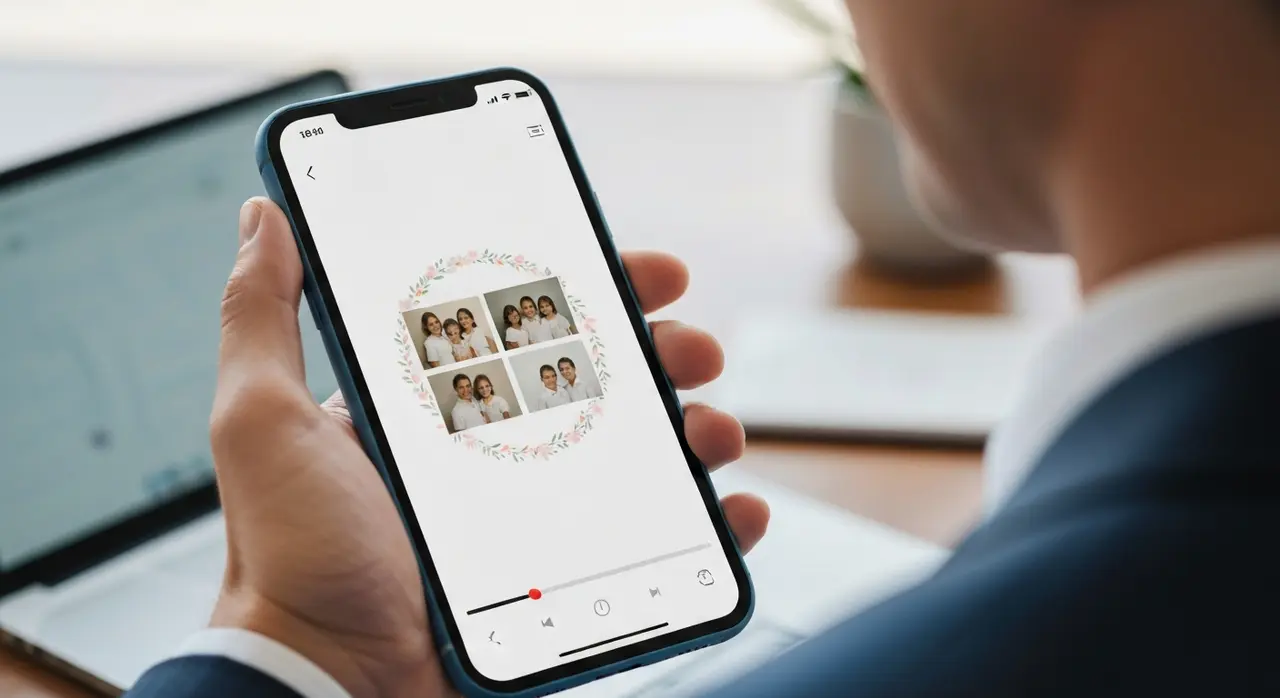 Tela de smartphone exibindo um vídeo de homenagem com fotos de família, ilustrando a facilidade de criar pelo WhatsApp para celebrar a memória.