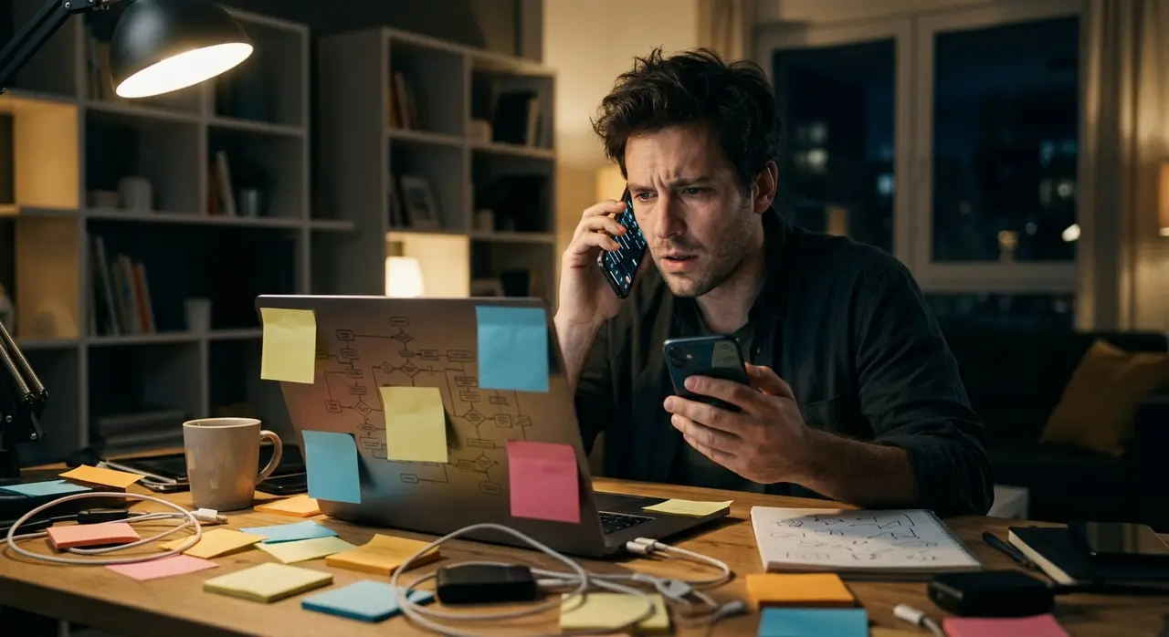 Business owner feeling overwhelmed trying to figure out how WhatsApp Business works manually