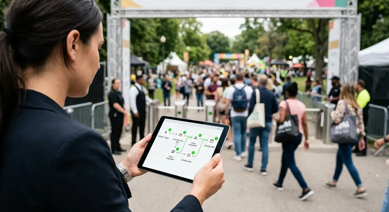 Productor de eventos utilizando un bot de atención en una tablet para gestionar el acceso.