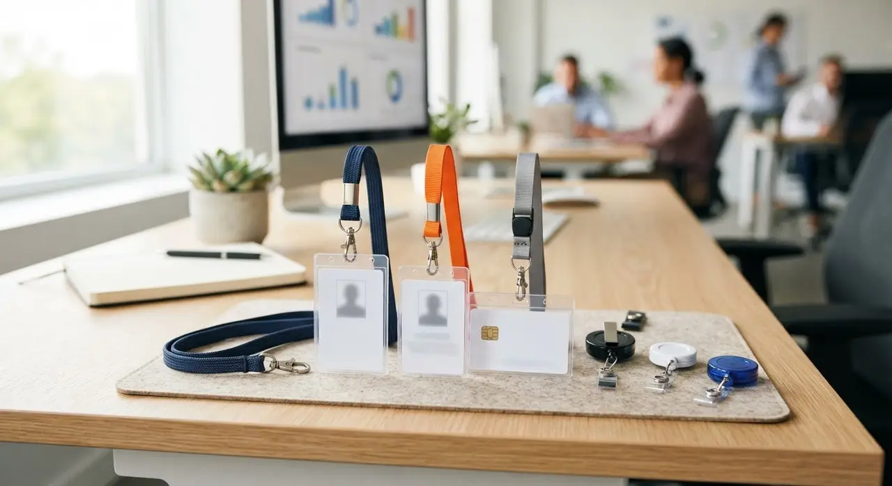 Conjunto de crachás de identificação profissionais com cordões personalizados e acessórios de alta qualidade.