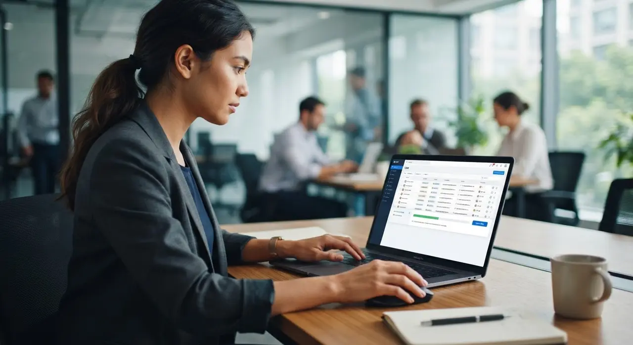 Gestor realizando a exportação de contatos de clientes para um sistema seguro de CRM antes de realizar um disparo automático whatsapp.