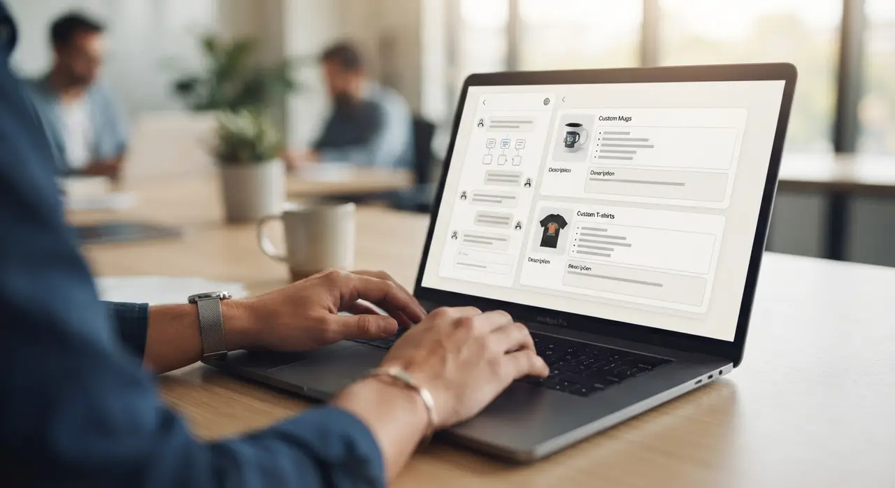 Gestor de fábrica de brindes usando Claude para gerar descrições de produtos personalizados com IA.