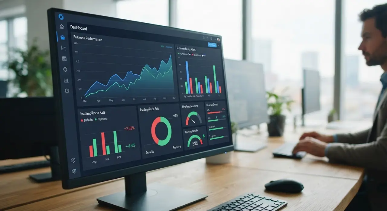 Painel de indicadores de atendimento e métricas de produtividade para fábricas de brindes personalizados.