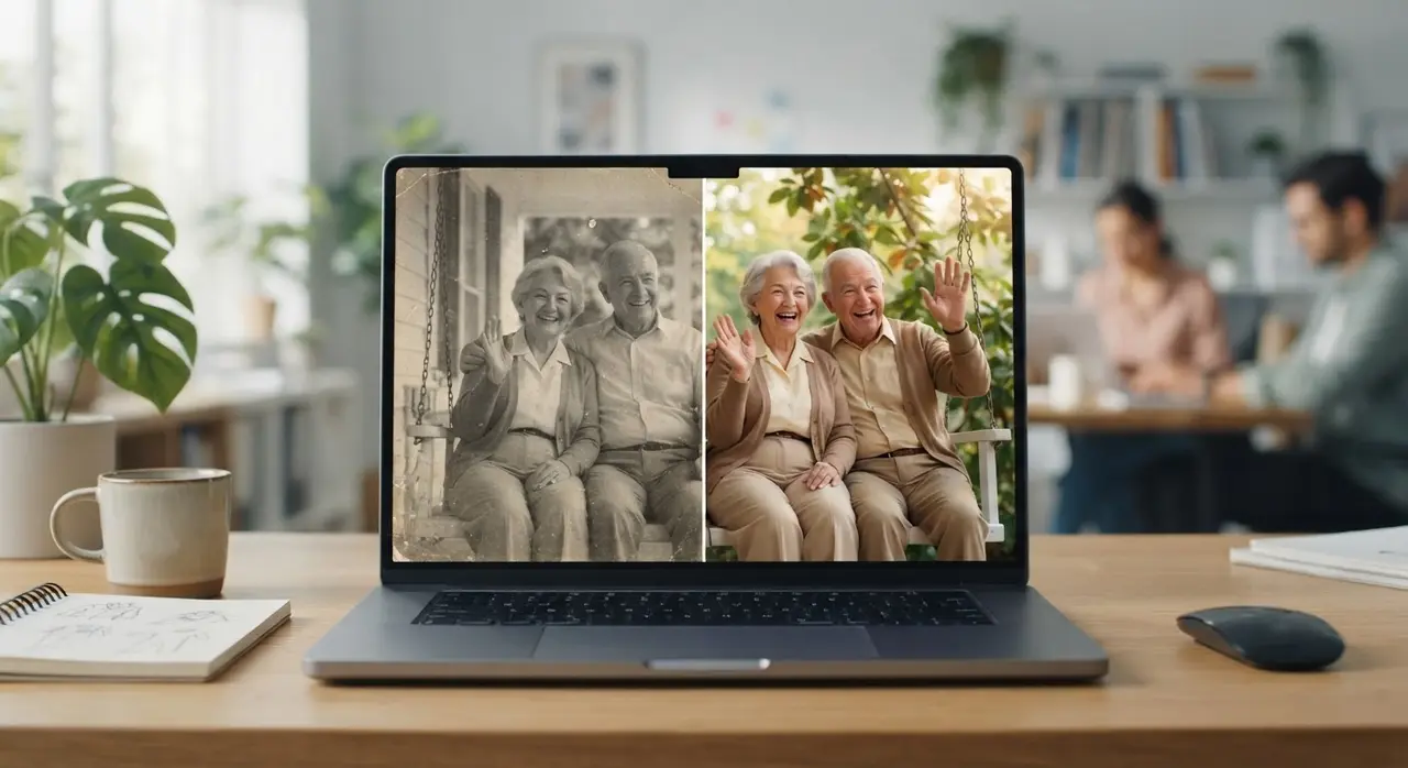 Comparação de foto antiga sendo restaurada e transformada com IA