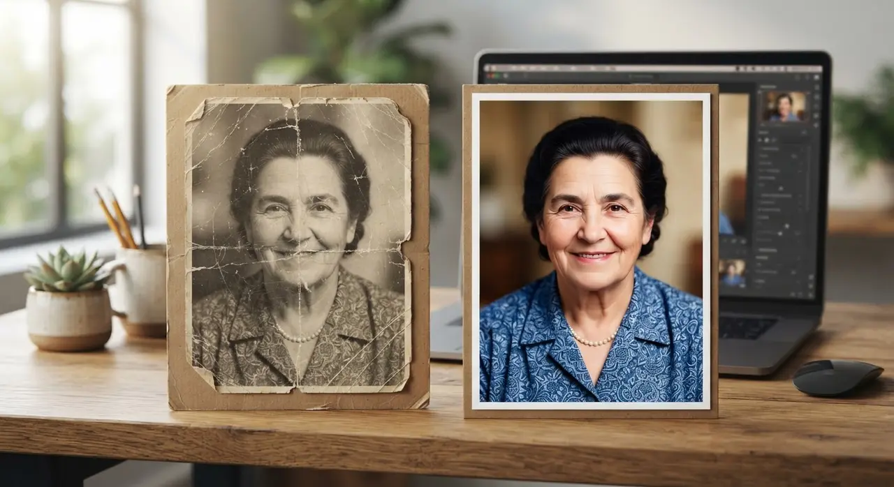 Comparação de foto antiga danificada sendo restaurada e colorida com IA para melhorar foto antiga.