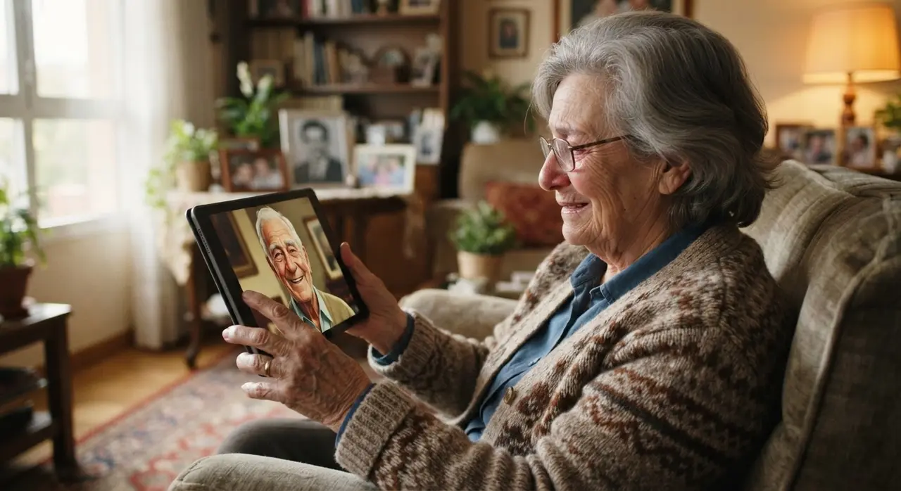 Pessoa emocionada ao ver um retrato de família que ganhou movimento com nossa ia para melhorar foto.