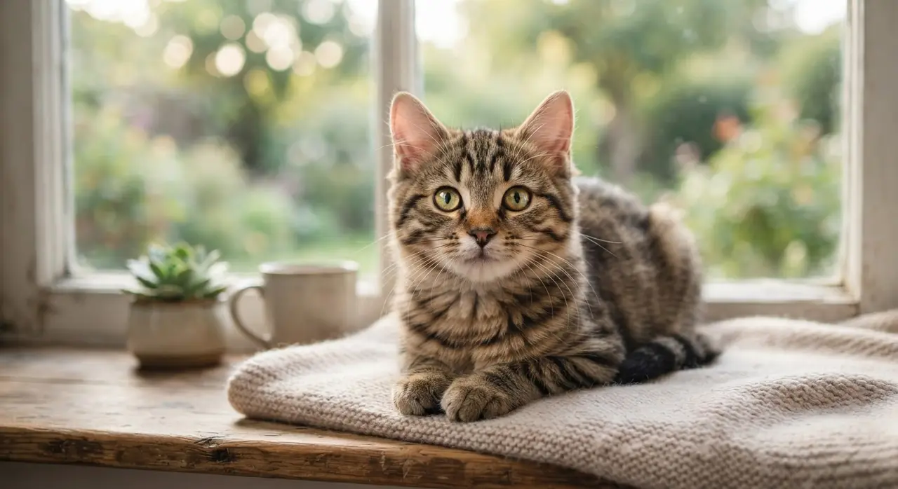 Foto de um gato sentado em uma janela, ideal para transformar foto em vídeo com IA.