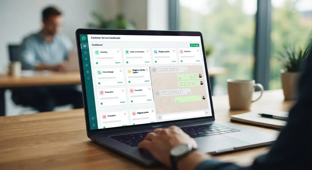 Painel de gestão com exemplos de template whatsapp business para otimização de atendimento.
