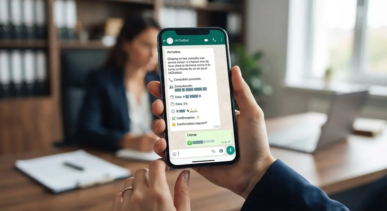 Agente de agendamiento confirmando una reunión por mensaje automático de WhatsApp para un despacho de abogados