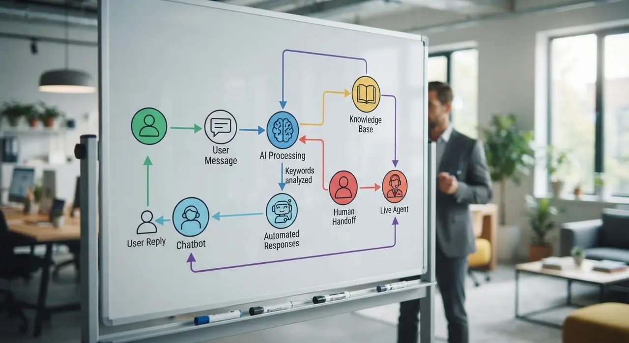 Fluxograma mostrando o passo a passo para automatizar o atendimento com chatbot para WhatsApp Business