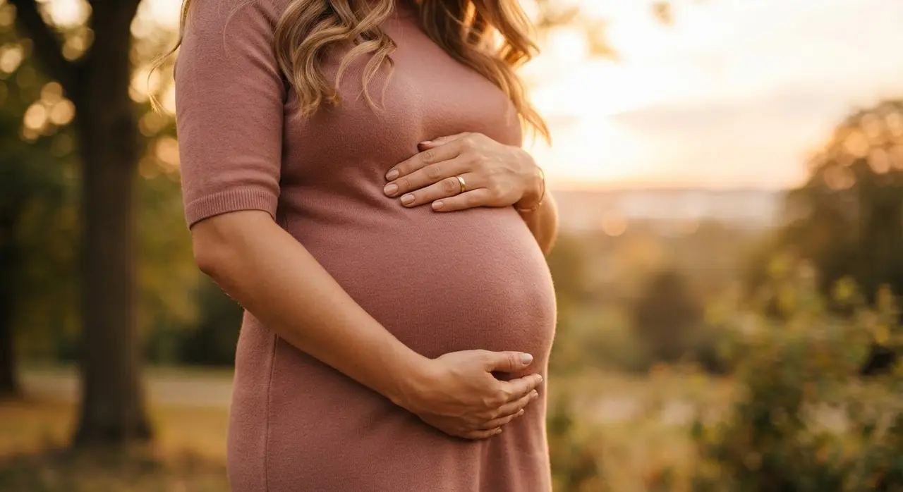 Foto de gestante com as mãos na barriga em um ensaio fotográfico emocionante