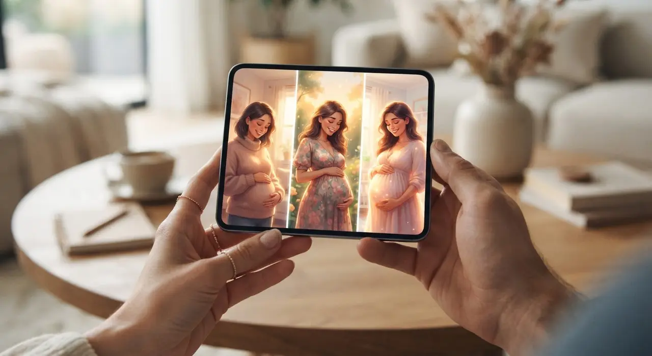 Exemplo de vídeo de gestante criado com IA para mostrar a evolução da barriga