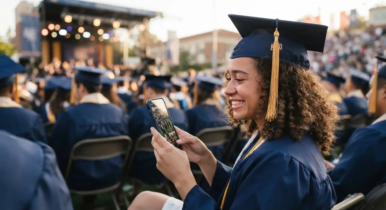 Estudante feliz ao transformar foto da formatura em vídeo com IA no celular.