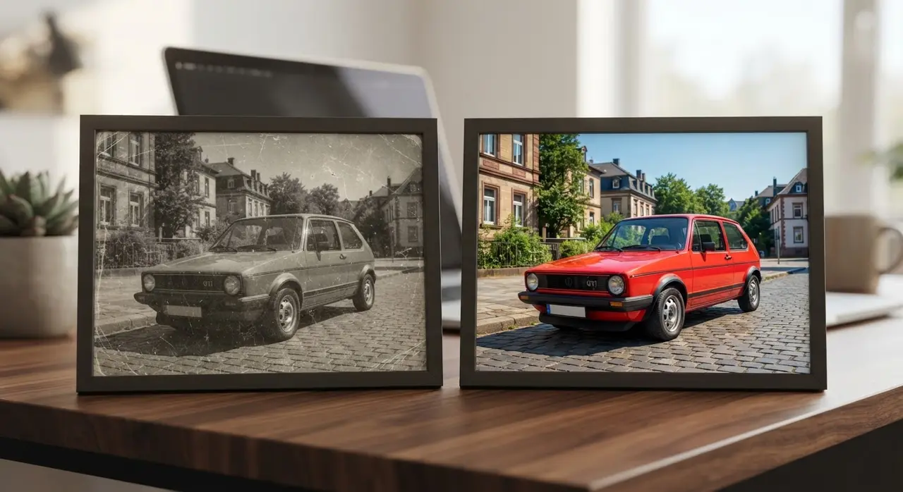 Comparação de foto antiga de carro restaurada e colorida com IA para reviver fotos antigas