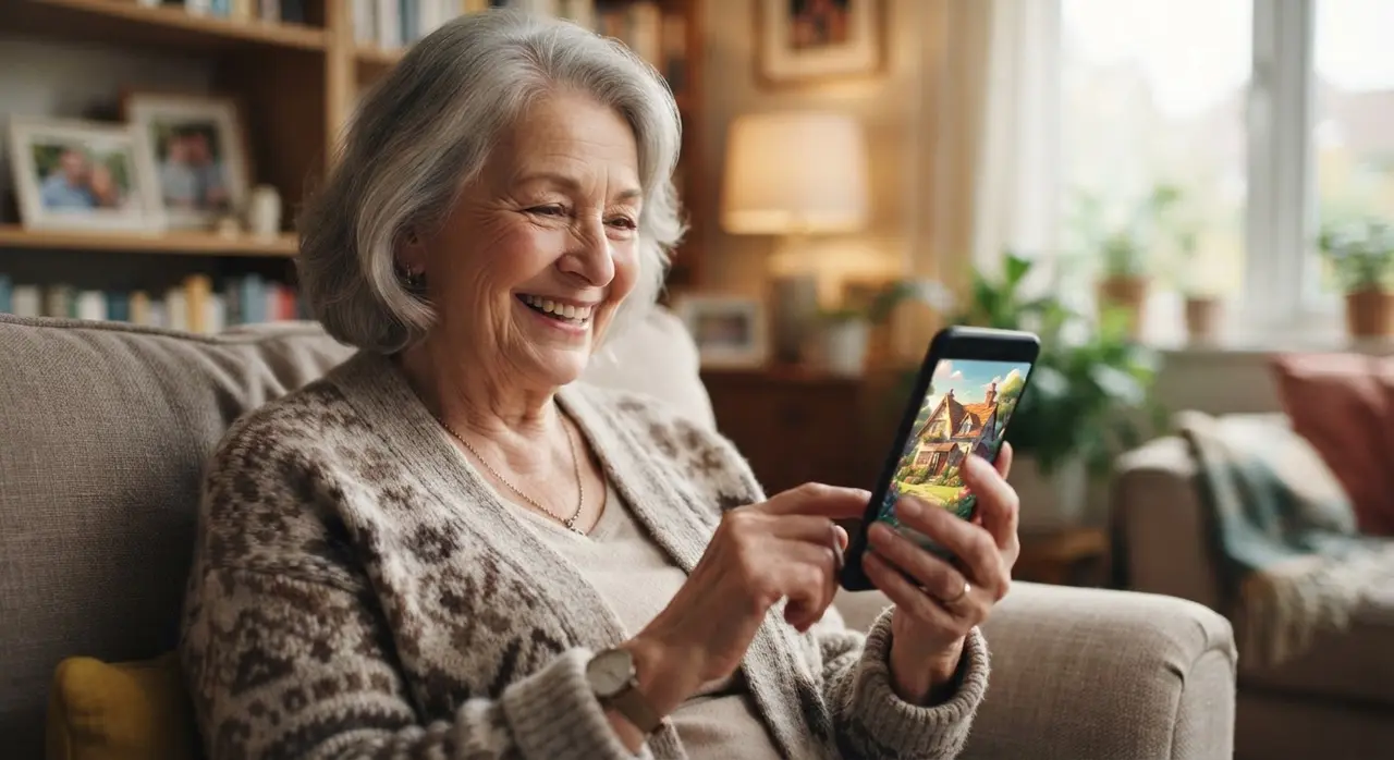 Pessoa emocionada assistindo a um vídeo com foto da primeira casa animada com IA no celular