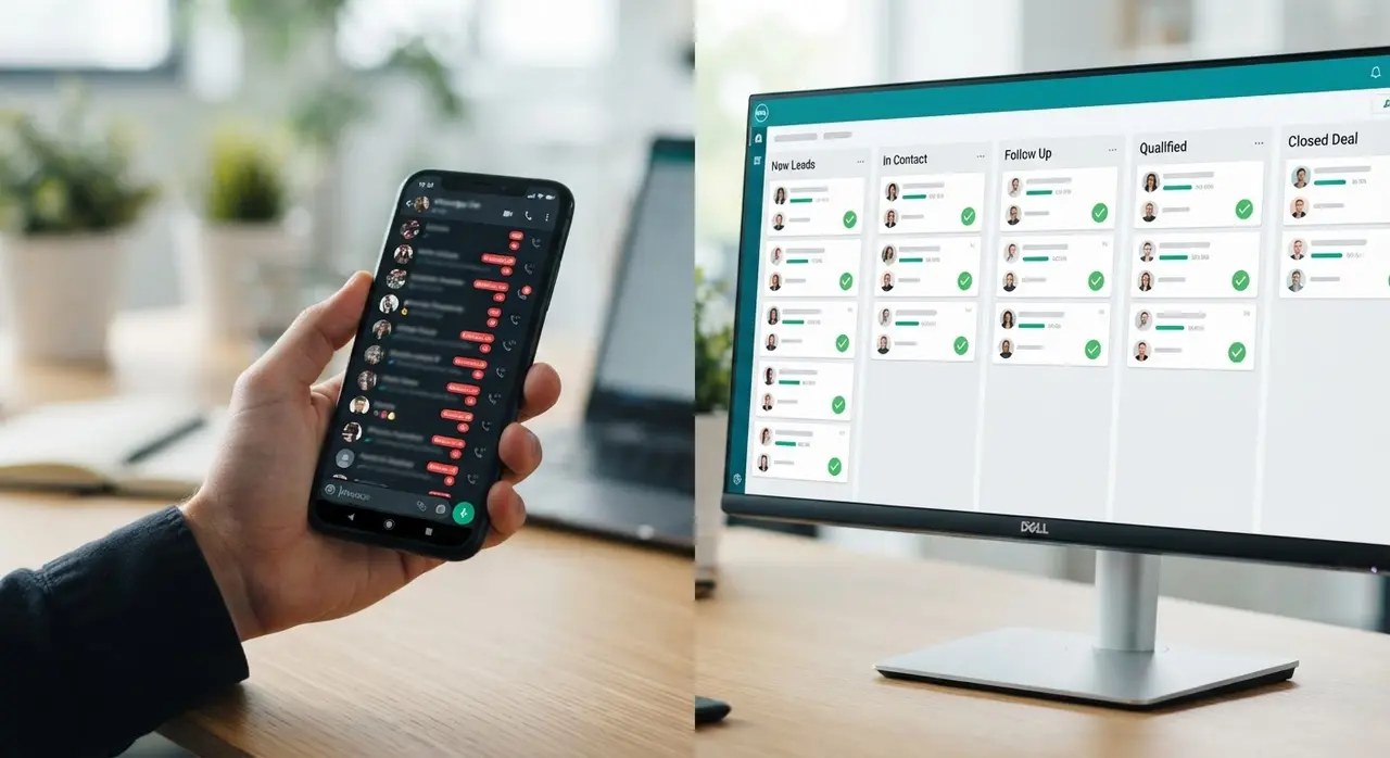 Comparação visual entre um WhatsApp desorganizado com muitas notificações e um painel de crm atendimento whatsapp organizado em colunas.