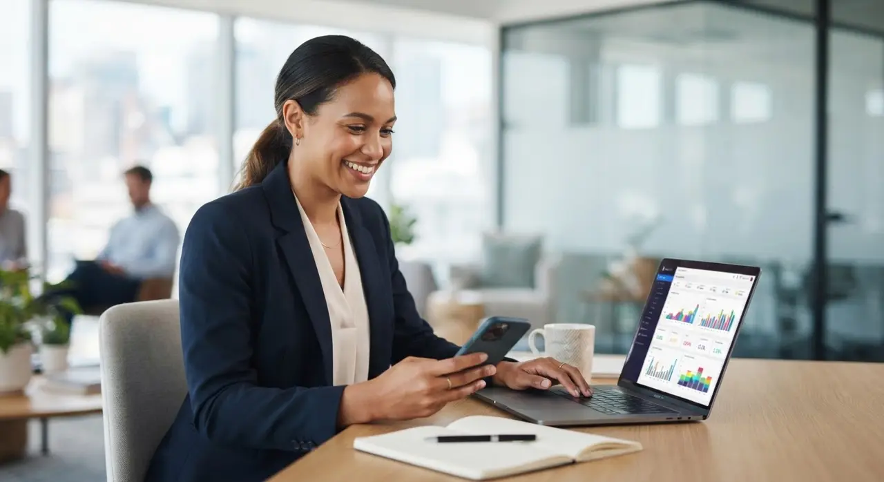 Profissional de vendas sorrindo ao ver um negócio fechado no melhor crm para whatsapp, segurando um smartphone.