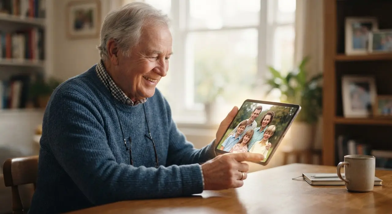 Idoso sorrindo ao ver uma foto antiga restaurada e colorida em um tablet, ilustrando como recuperar fotos antigas com IA.