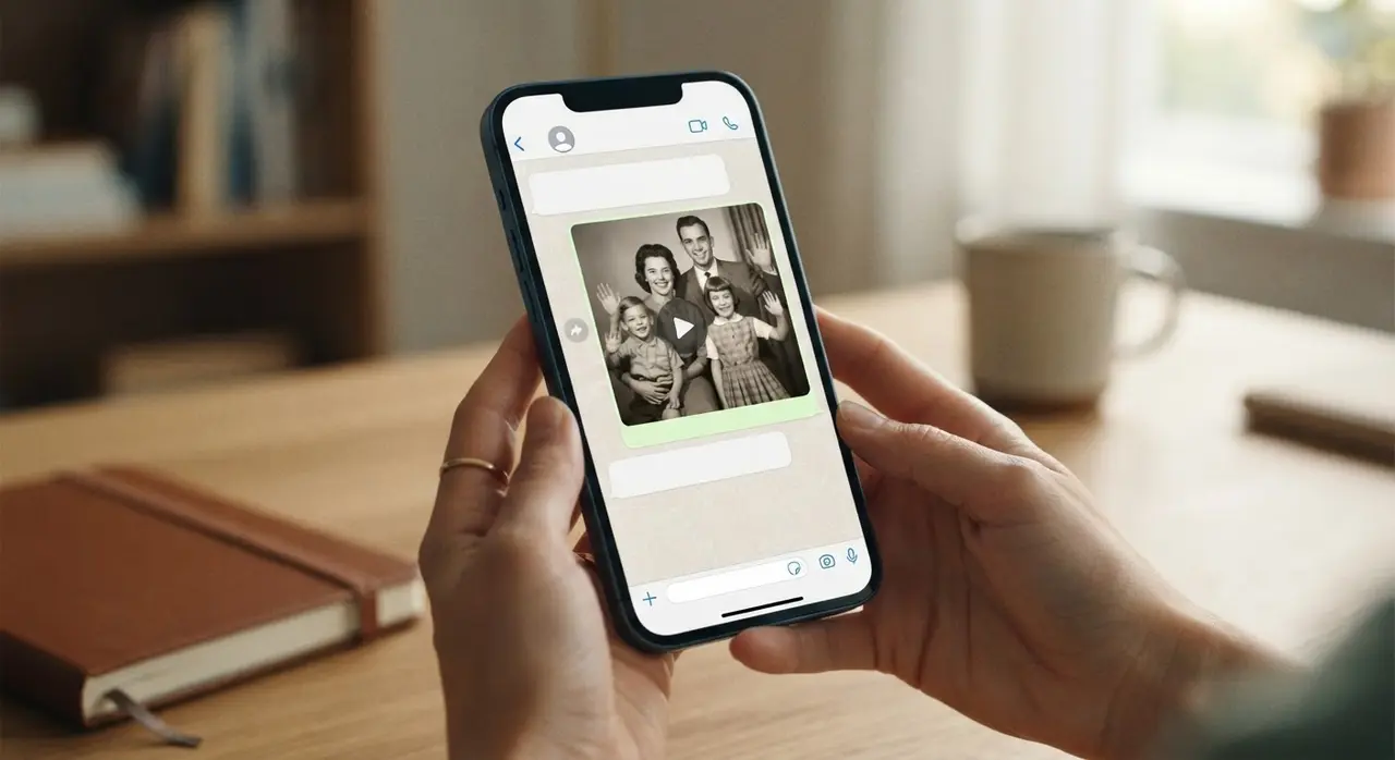 Smartphone exibindo um vídeo de uma foto antiga que ganhou movimento através de uma conversa no WhatsApp, mostrando a facilidade de transformar foto em vídeo.