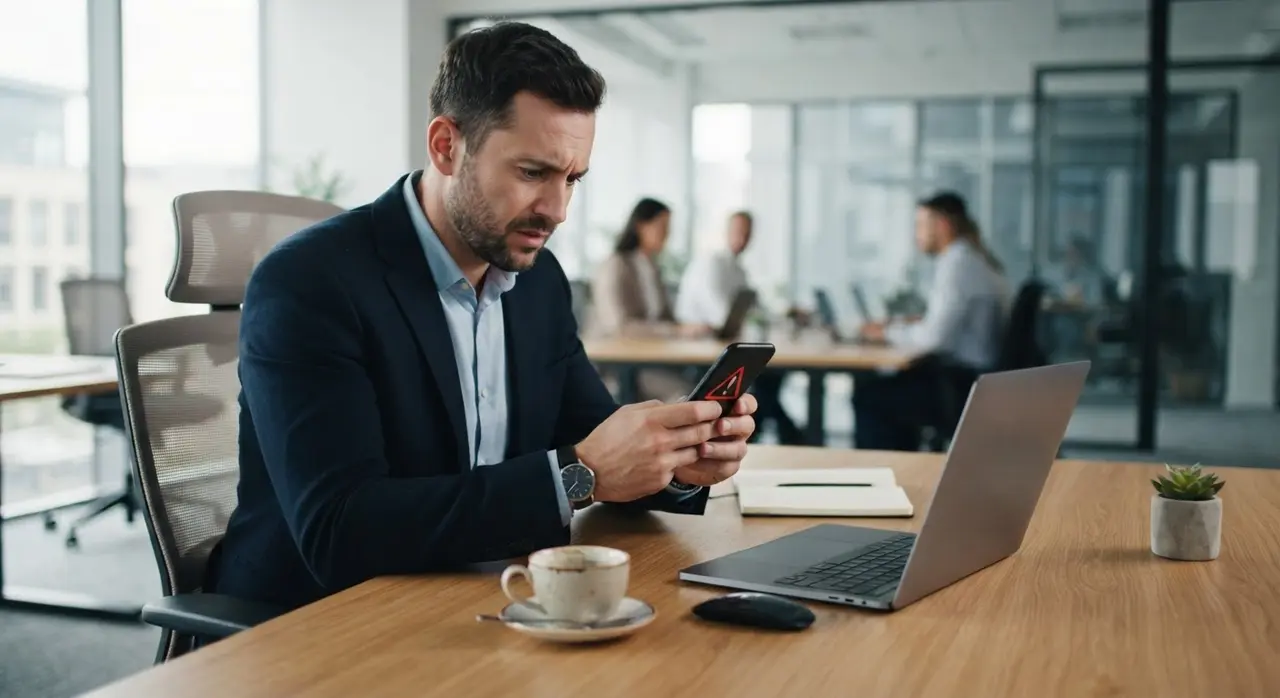 Gestor preocupado com uma conta banida whatsapp business no celular