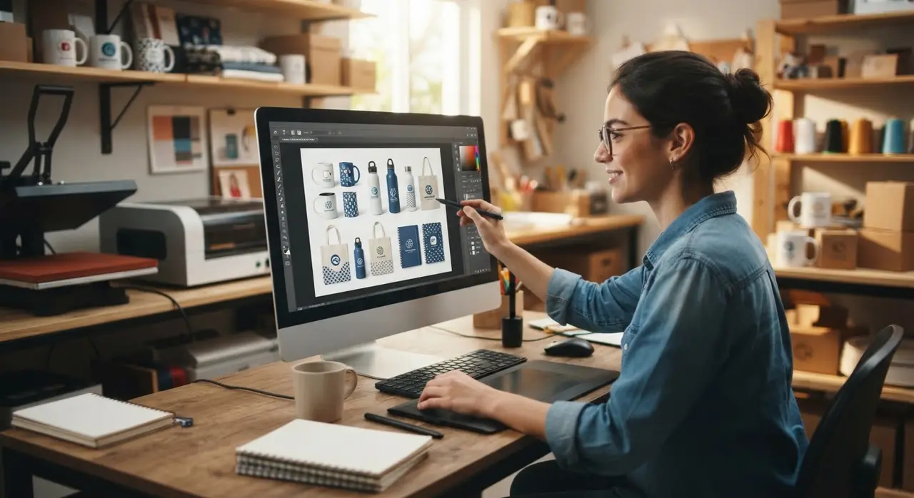 Factory owner reviewing AI-generated mockups for a loja virtual de personalizados on a tablet.