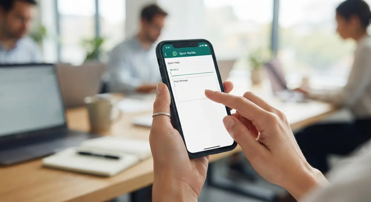 A business owner configuring WhatsApp Business quick replies on a smartphone to improve customer service.