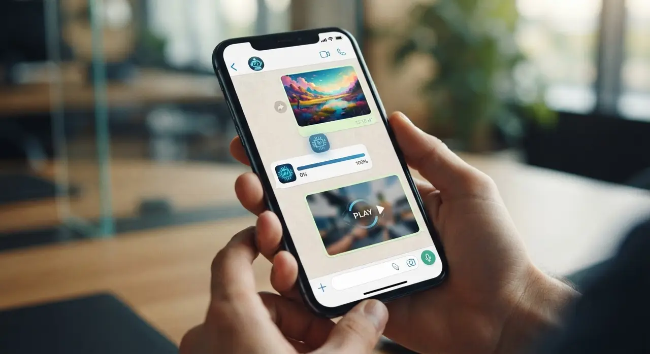 Interface do WhatsApp mostrando o passo a passo para transformar foto em vídeo com IA