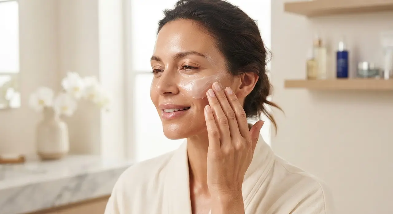 Applying the ELEMIS Pro-Collagen Marine Cream as a dry skin moisturizer.